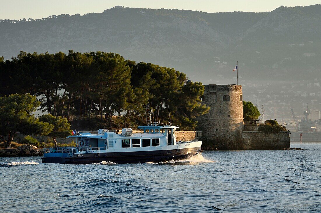 France, Var, the Rade (Roadstead) of Toulon, La Seyne sur Mer, water bus passing in front of Fort Balaguier