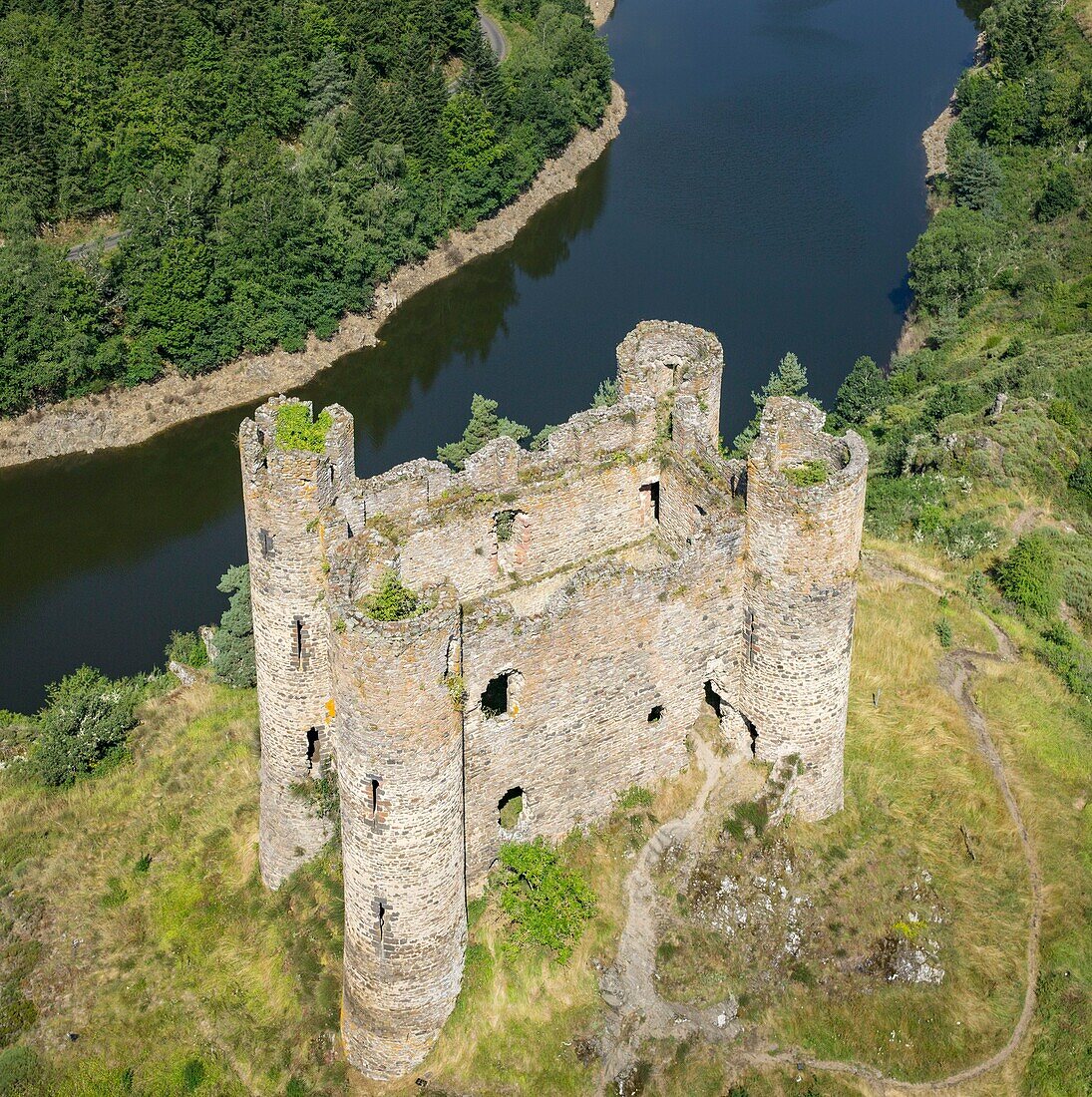 France, Cantal, Alleuze, Castle of Alleuze, castle of the 14th century, Grandval reservoir (aerial view)