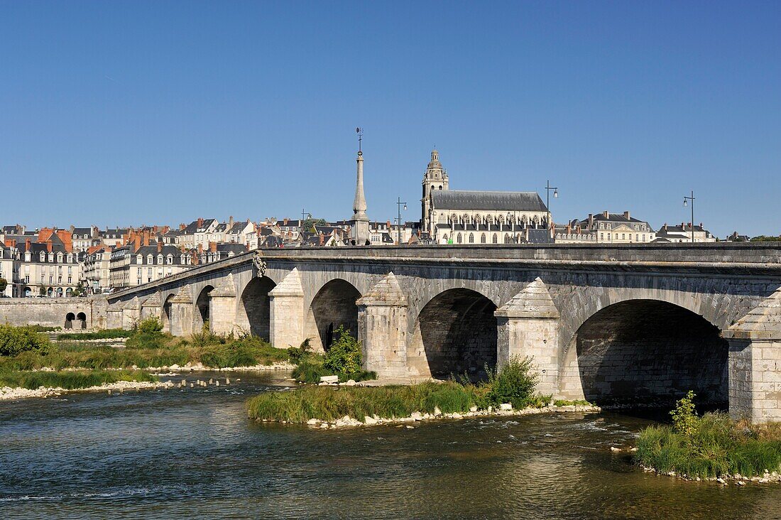 France, Loir et Cher, Valley of the Loire listed as World Heritage by UNESCO, Blois, Jacques Gabriel bridge over the Loire and Saint Louis cathedral