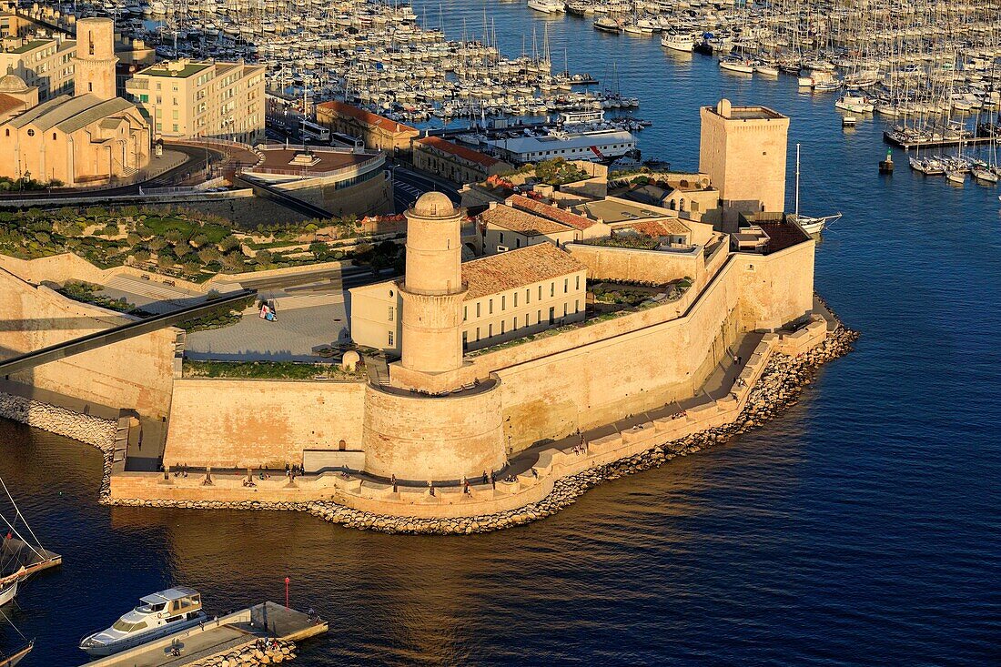 France, Bouches du Rhone, Marseille, 2nd district, Euroméditerranée Zone, the Fort Saint Jean classified as a Historic Monument, the Garden of Migrations, the old port (aerial view)