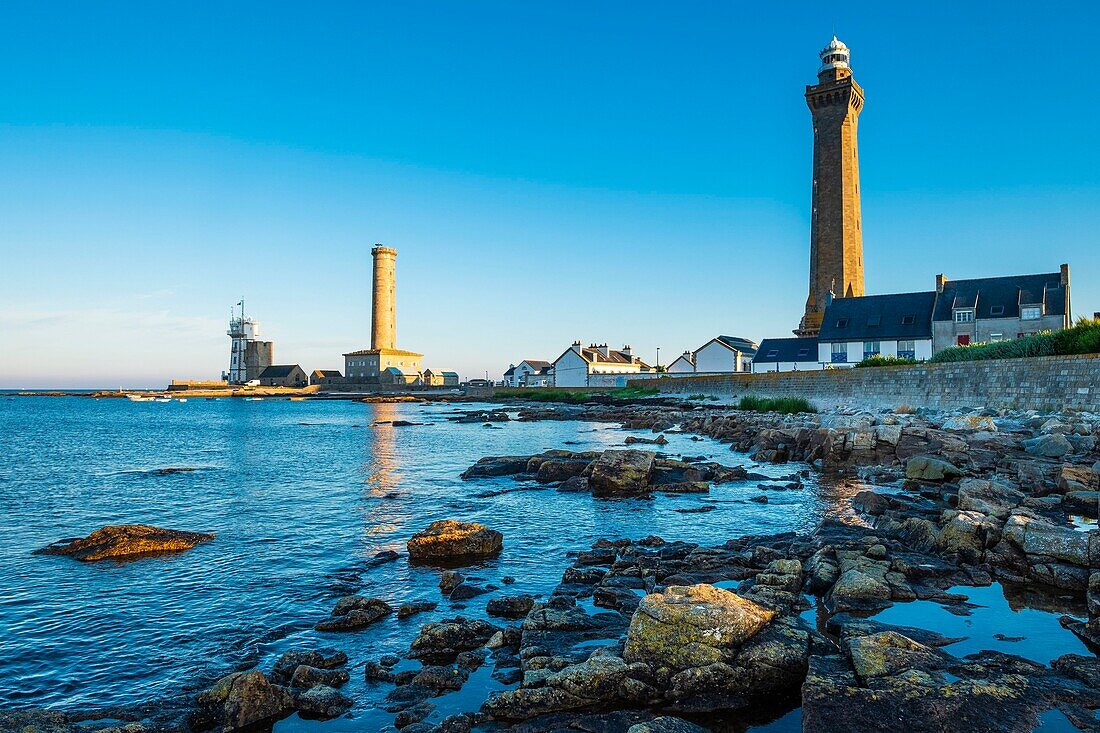 France, Finistere, Penmarc'h, Pointe de Penmarc'h, Penmarc'h and Eckmuhl lighthouses and the semaphore