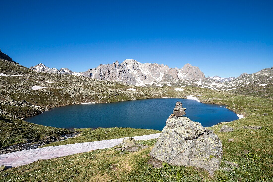 France, Hautes Alpes, Nevache, La Clarée valley, the Rond Lake (2446m) with the Cerces massif in the background (3093m)