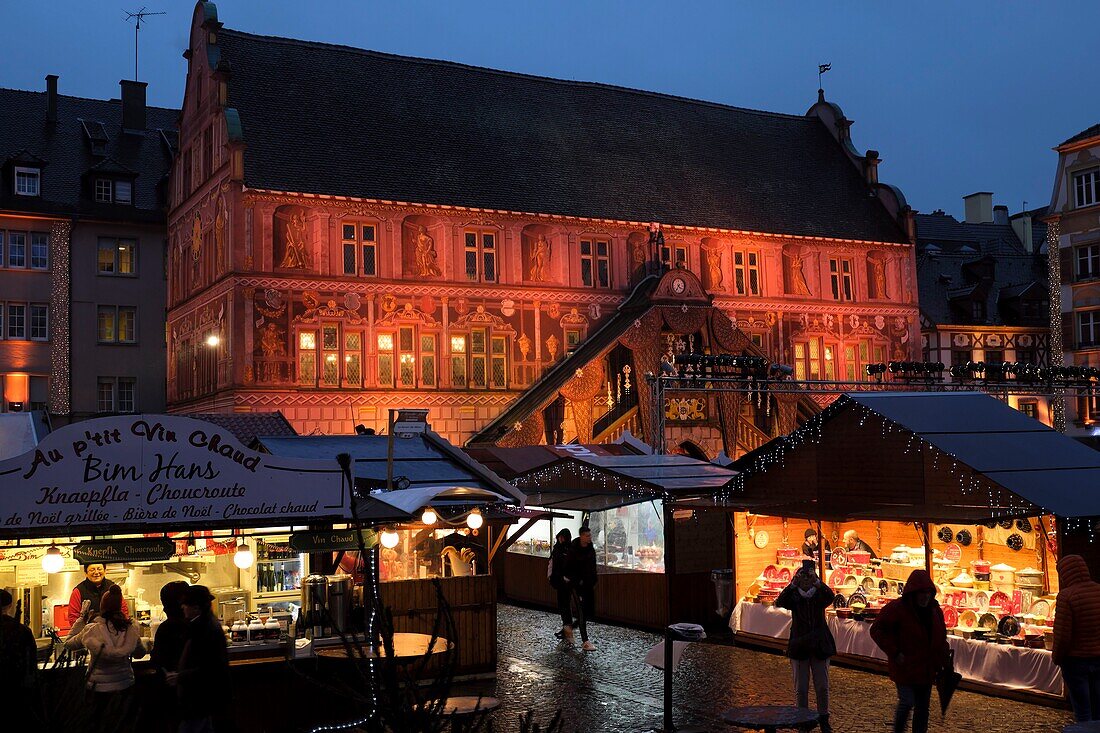 France, Haut Rhin, Mulhouse, Place de la Reunion, city hall and Historical museum, Christmas Market