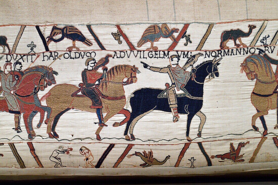 Frankreich, Calvados, Bayeux, Wandteppichmuseum, Bayeux Tapestry, von der UNESCO zum Weltkulturerbe erklärt, Königin Mathilde-Wandteppich, der die Geschichte der Invasion Englands durch Wilhelm den Eroberer erzählt, die Szenen des Bayeux Tapestry sind mit Wollfäden auf ein Leinentuch gestickt