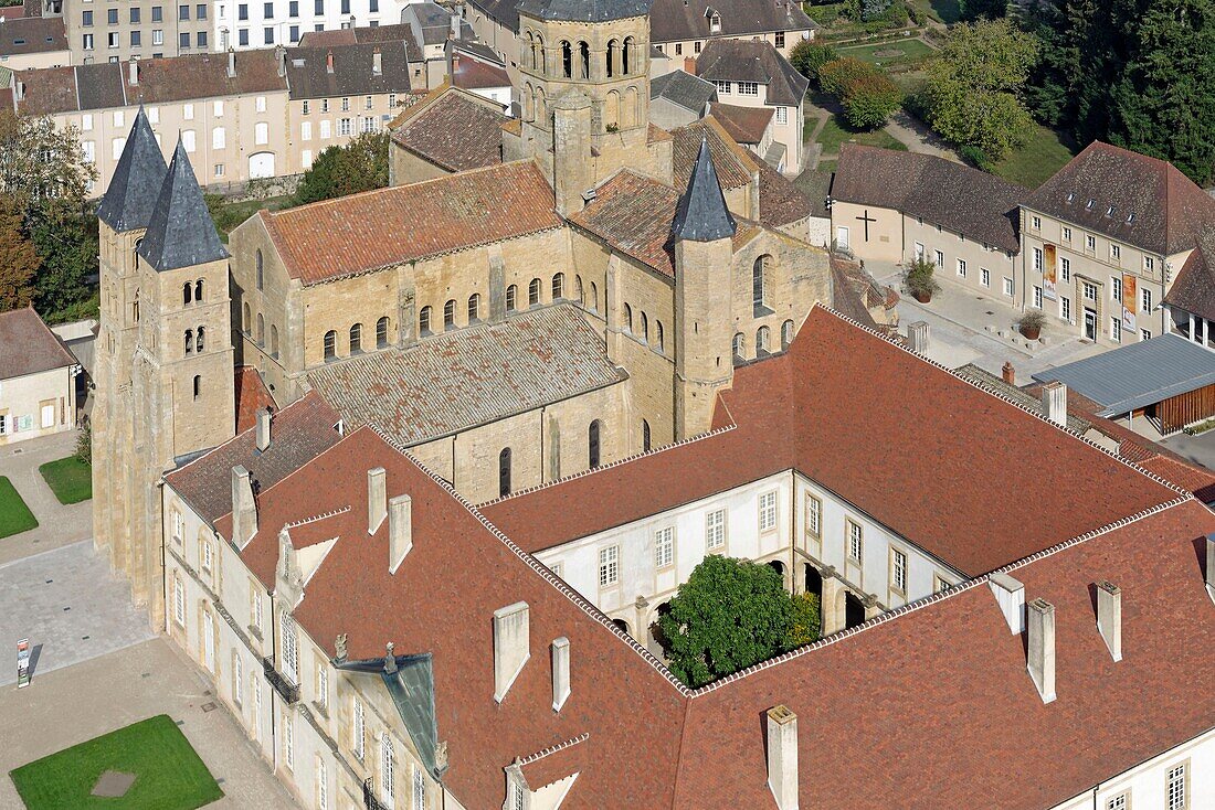 France, Saone et Loire, Paray le Monial, the Sacre Coeur Basilica of the XIIth century (aerial view)