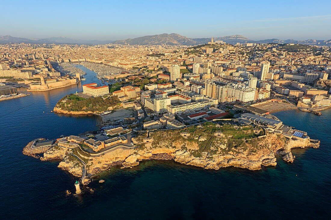France, Bouches du Rhone, Marseille, 7th district, Pharo area, La Désirade lighthouse, Pointe Carinade, Anse des Catalans, Circle of Swimmers, the Old Port in the background (aerial view)
