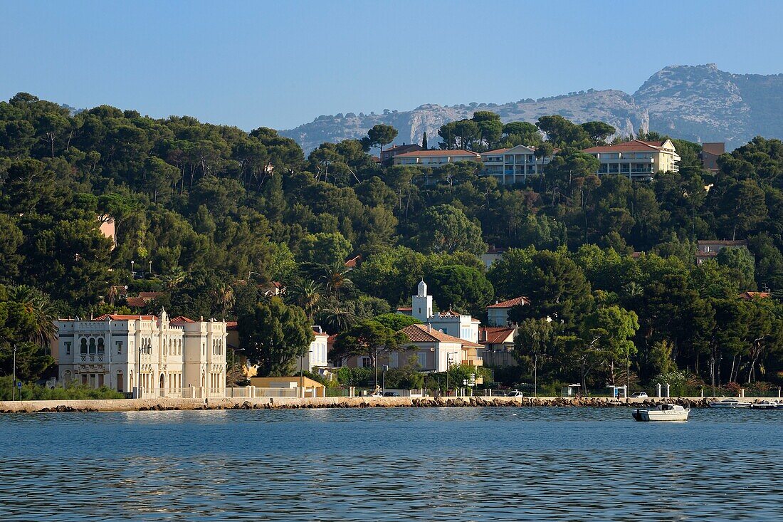 France, Var, the Rade (Roadstead) of Toulon, La Seyne sur Mer, area of Tamaris, the orientalist style Michel Pacha Institute (formerly Institute of Marine Biology of the University of Lyon) and the Crescent villa (villa du Croissant) is recognizable by its minaret tower