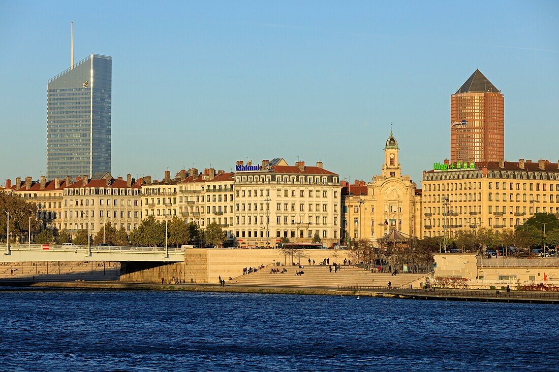 France, Rhône, Lyon, 3rd district, La Guillotière district, Berge Karen Blixen, Antonin Jutard square, historical site listed as World Heritage by UNESCO, Mutualité Palace and Incity tower and LCL La Part Dieu tower in the background