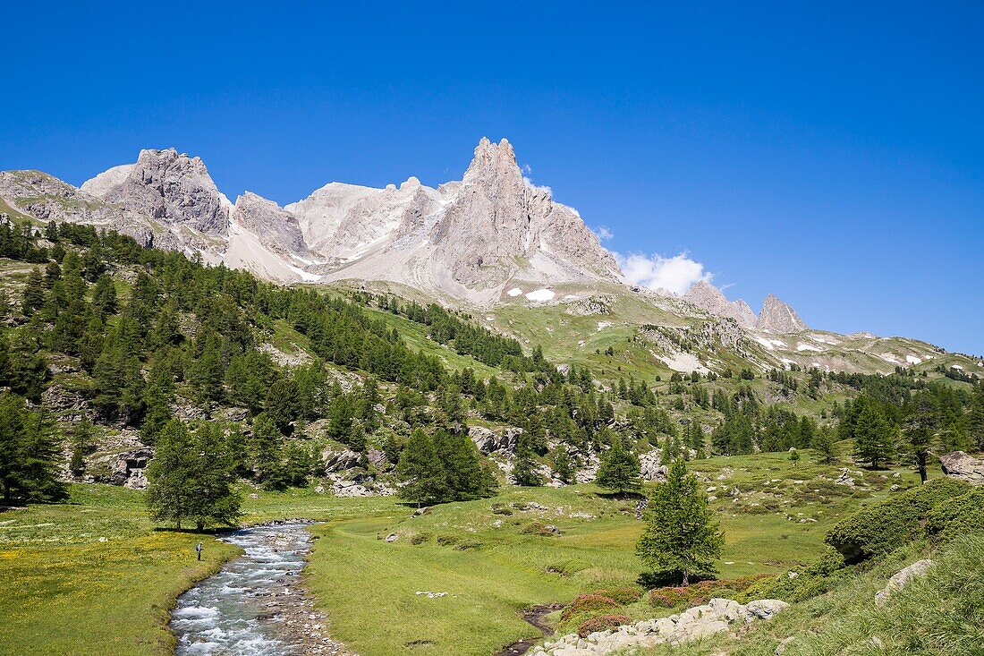 Frankreich, Hautes Alpes, Nevache, La Claree-Tal, Fliegenfischer auf dem Fluss La Claree, das Cerces-Massiv (3093m) und die Gipfel des Main de Crepin (2942m)
