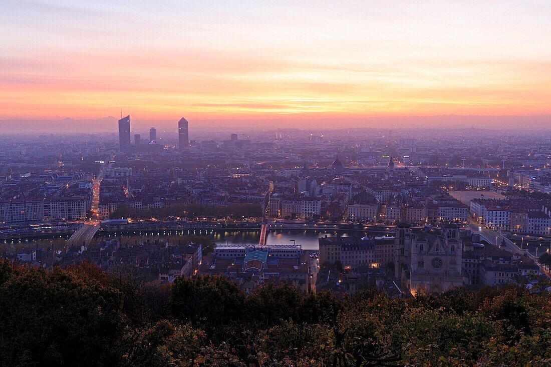 France, Rhône, Lyon, from Fourvière square, Incity tower and LCL La Part Dieu tower in the background