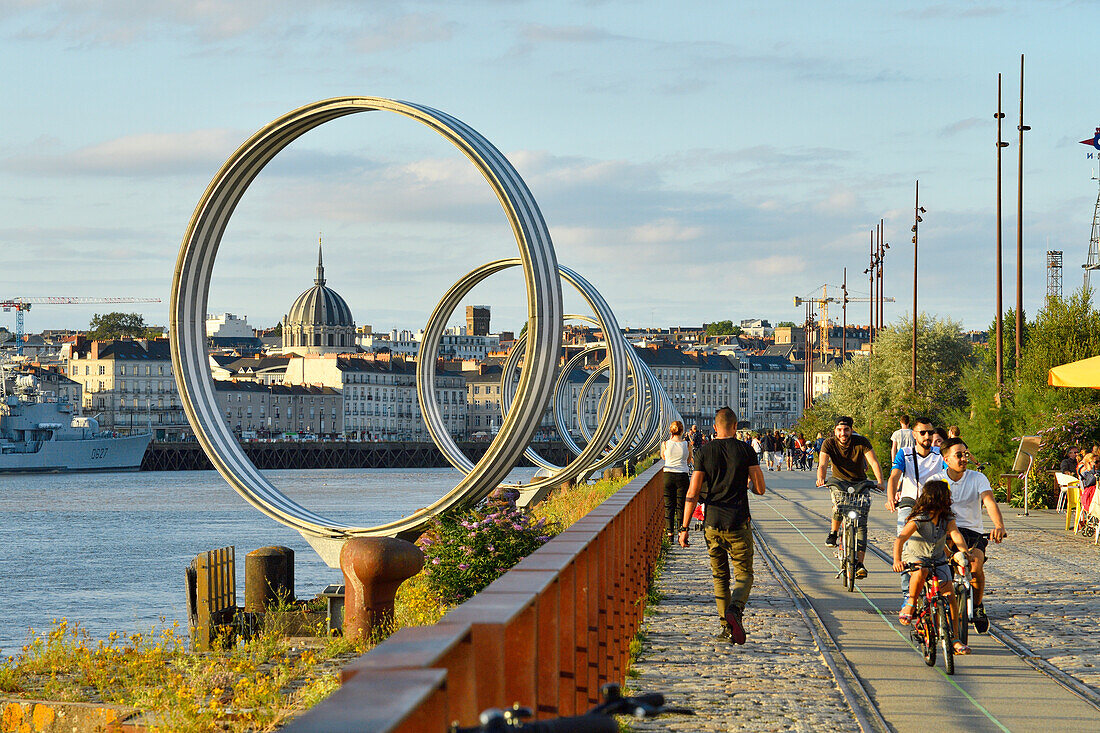 France, Loire Atlantique, Nantes, Ile de Nantes, quai des Antilles, Buren's rings on Loire River quays and the cupola of Notre Dame du Bon Port