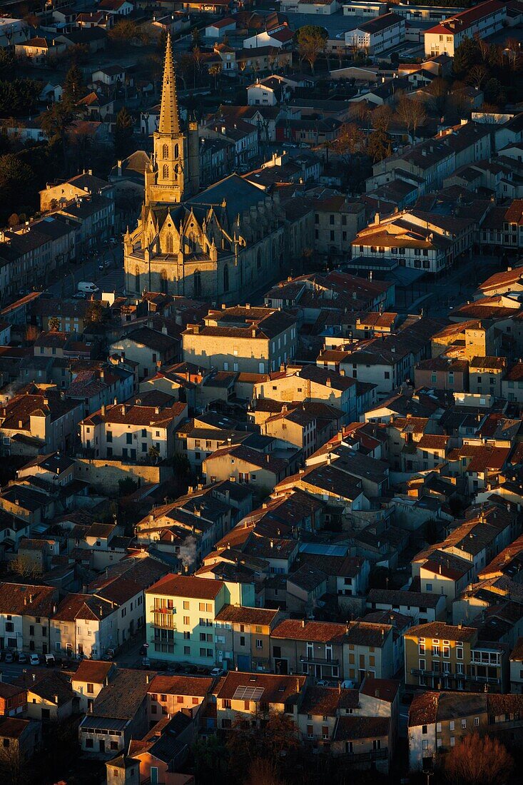 France, Pyrenees, Ariege, Mirepoix, listed as Grands Sites of Midi-Pyrenees, Classified Grands Sites of Midi-Pyrénées, aerial view at sunrise of the town of Mirepoix and its cathedral