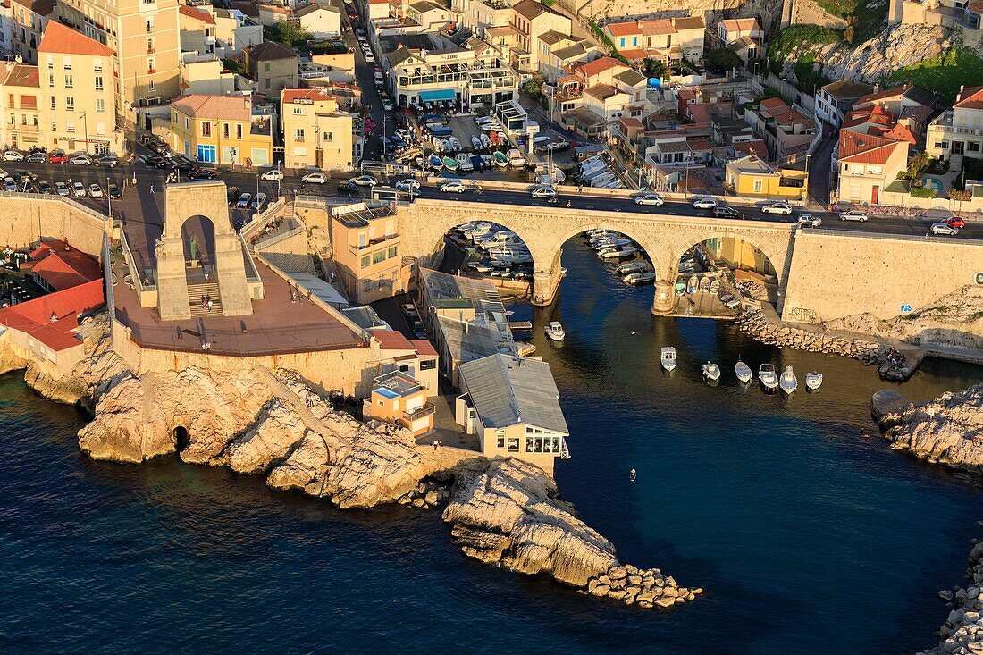 France, Bouches du Rhone, Marseille, 7th arrondissement, Endoume district, Vallon des Auffes cove, Corniche of President John Fitzgerald Kennedy, Porte de L'Orient, monument to the army of the East (view Aerial)