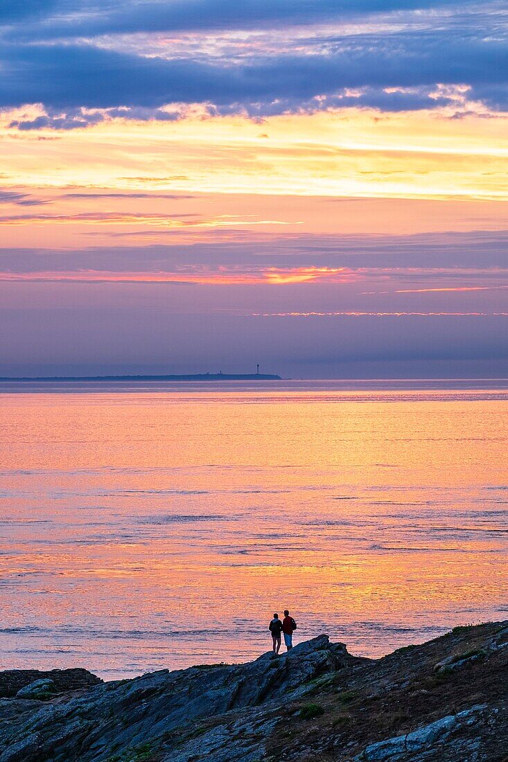 France, Finistere, Le Conquet, sunset from Kermorvan peninsula, Ouessant island in the background