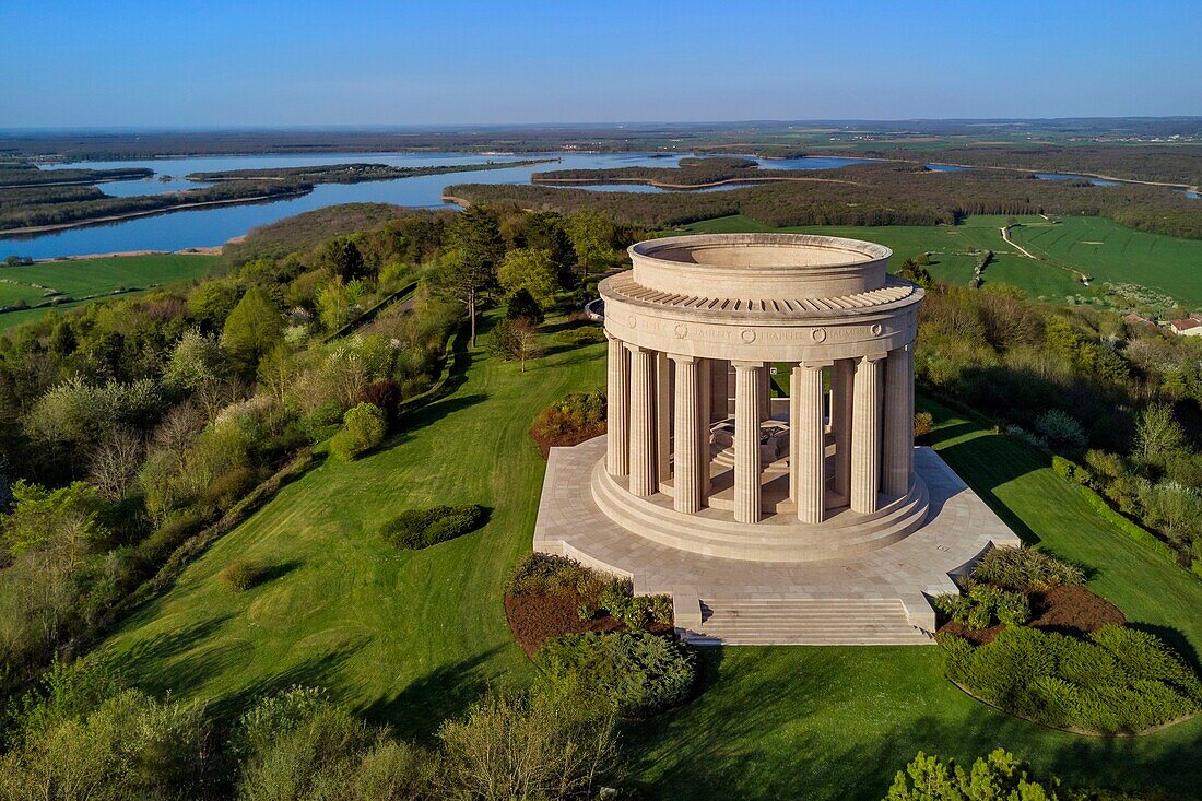 France, Meuse, Lorraine Regional Park, Cotes de Meuse, monument to American soldiers at Montsec commemorating the offensives by U.S. forces on the Saint Mihiel salient during the First World War (aerial view)