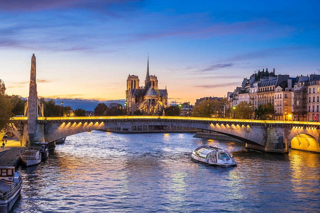 Frankreich, Paris, die Ufer der Seine, die von der UNESCO zum Weltkulturerbe erklärt wurde, die Kathedrale Notre-Dame auf der Ile de la Cité und die Tournelle-Brücke