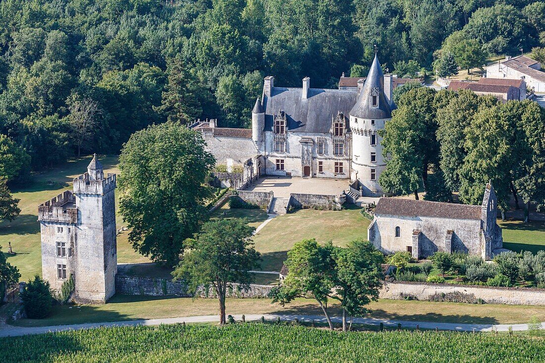 Frankreich, Charente Maritime, Crazannes, Schloss Crazannes mit dem Spitznamen "Schloss des gestiefelten Katers" (Luftaufnahme)
