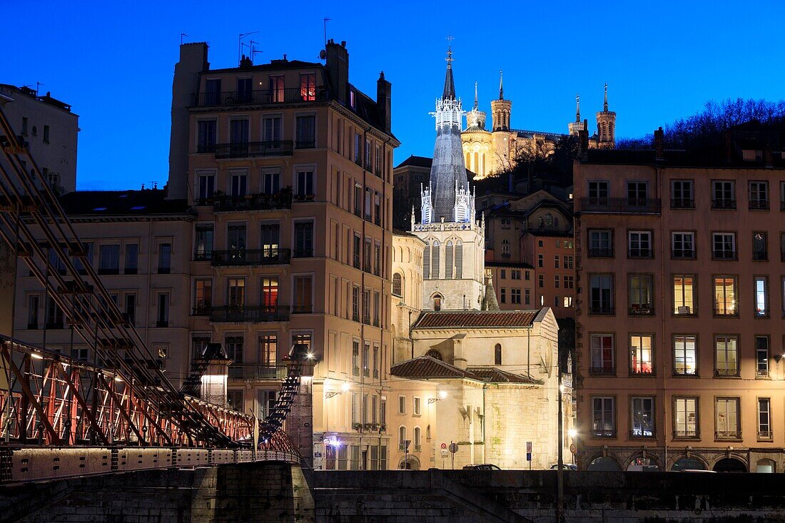 France, Rhone, Lyon, 5th district, Vieux Lyon area, Bondy quay, Saint Paul church (15th century) and the Notre-Dame de Fourvière basilica (19th century), listed as a Historic Monument, a UNESCO World Heritage Site background