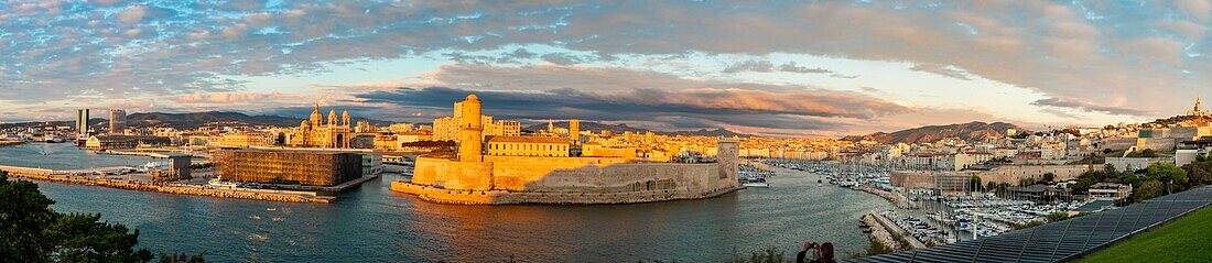 France, Bouches du Rhone, Marseille, general view with Mucem, Fort Saint Jean and Major