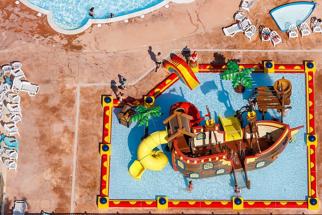 France, Charente Maritime, St Denis d'Oleron, camping swimming pool (aerial view)