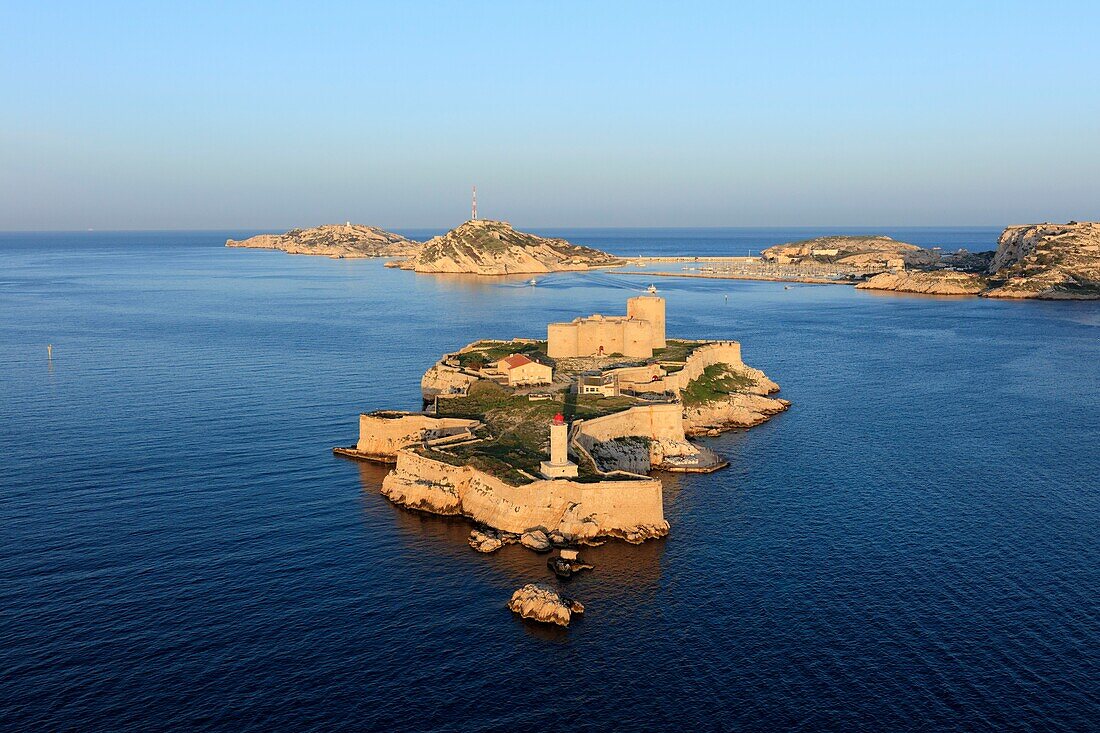 France, Bouches du Rhone, Calanques National Park, Marseille, 7th arrondissement, Frioul Islands archipelago, Ile d'If, Chateau d'If, listed as a Historic Monument (aerial view)