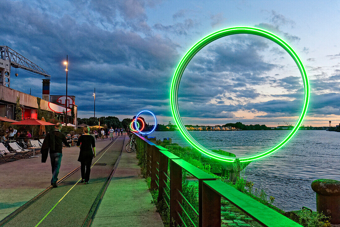 France, Loire Atlantique, Nantes, Ile de Nantes, quai des Antilles, the Hangar à Bananes (Bananas Warehouse) and Buren's rings on Loire River quays