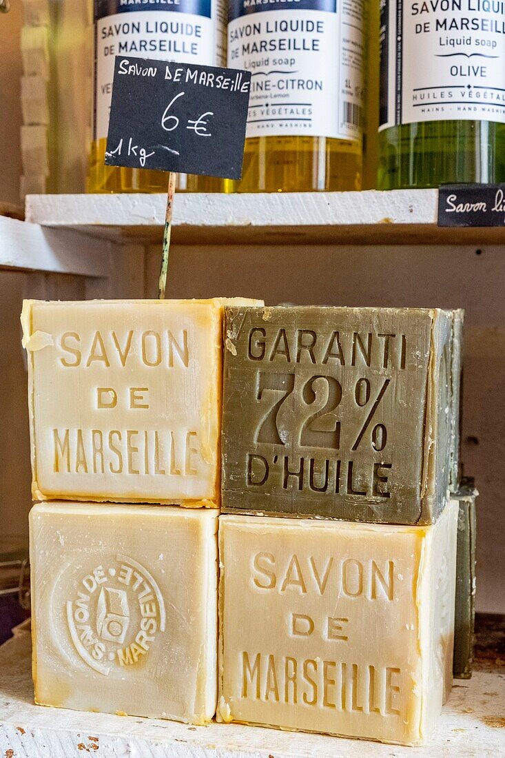 France, Bouches du Rhone, Marseille, Panier district, Marseille soap in the shop "72% Petanque"