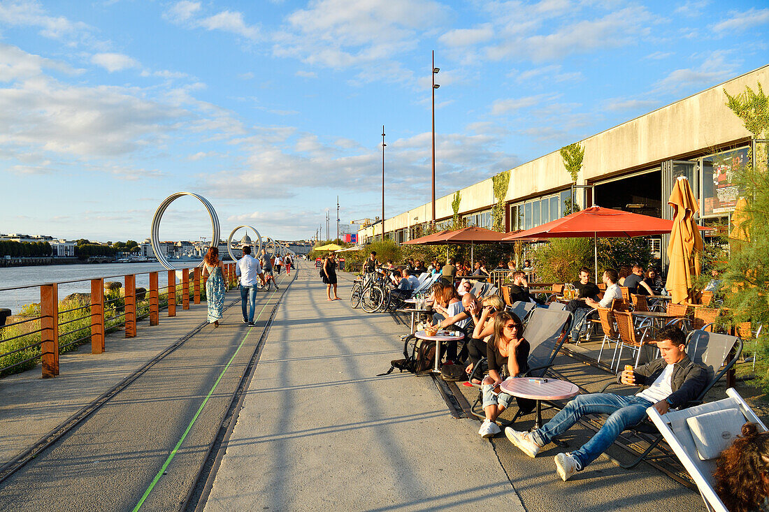 France, Loire Atlantique, Nantes, Ile de Nantes, quai des Antilles, the Hangar à Bananes (Bananas Warehouse) and Buren's rings on Loire River quays