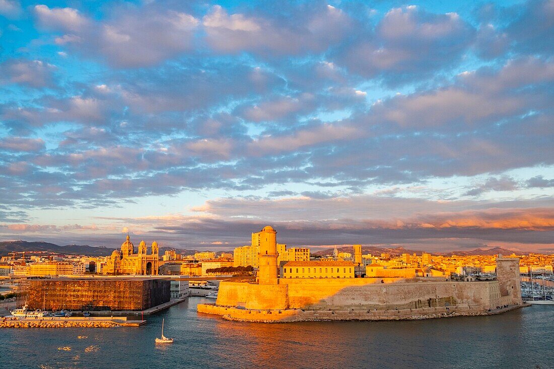 France, Bouches du Rhone, Marseille, the Mucem, Fort Saint Jean, and the basilica de la Major