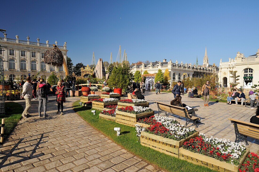 France, Meurthe et Moselle, Nancy, Place Stanislas or former Place Royale built by Stanislas Leszczynski, King of Poland and last Duke of Lorraine in the eighteenth century, listed as World Heritage by UNESCO, Japonica exhibition 2018 reconstituting a Japanese garden ephemeral