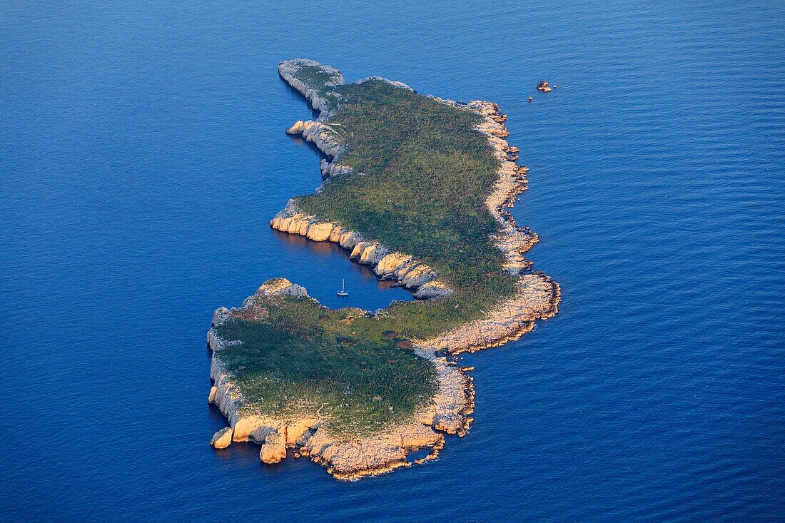 France, Bouches du Rhone, Calanques National Park, Marseille, Riou Archipelago Nature Reserve, Calseraigne Island, Pierre Trémouère and Calanque de Pouars (aerial view)