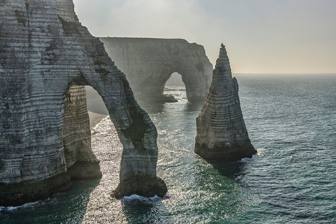 France, Seine Maritime, Cote d'albatre, Etretat, the cliff, arch and needle (aerial view)