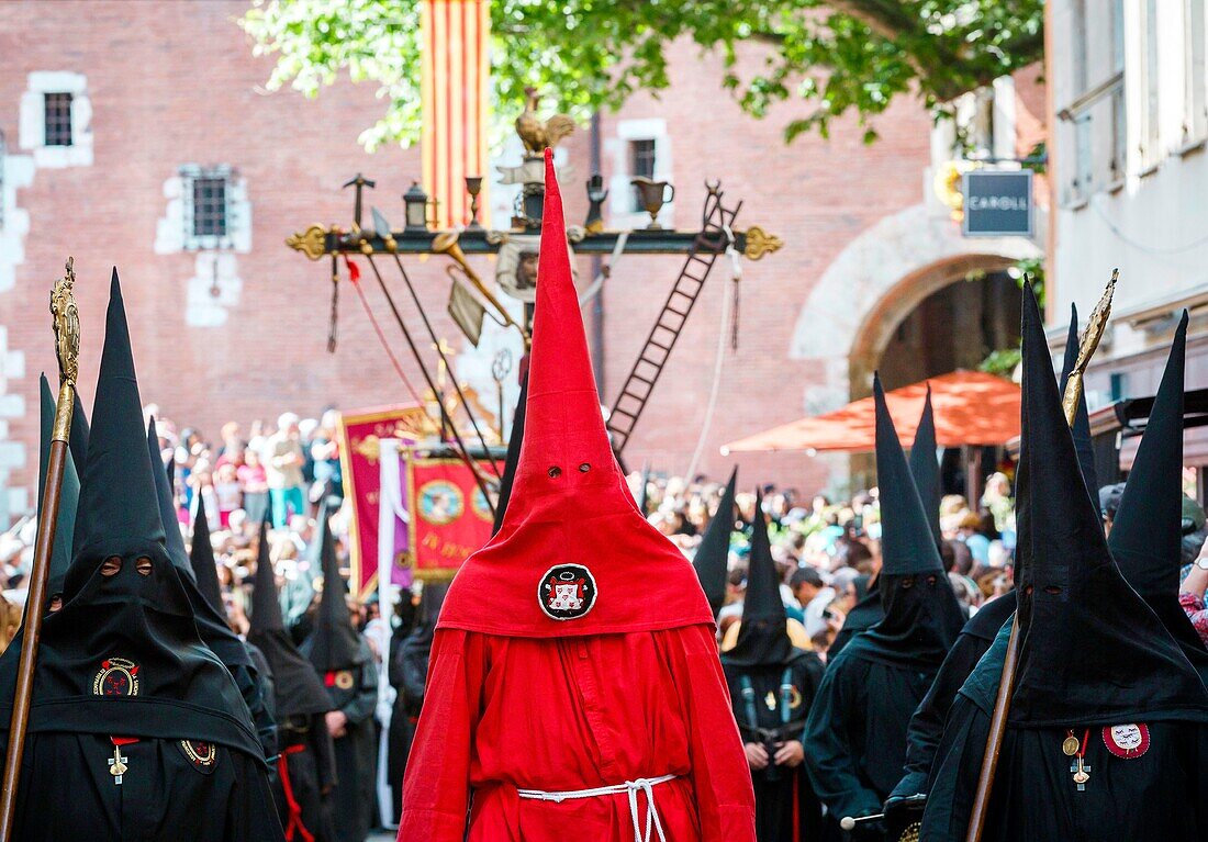 France, Pyrenees Orientales, Perpignan, Sanch procession on the streets of the historic old town of Perpignan