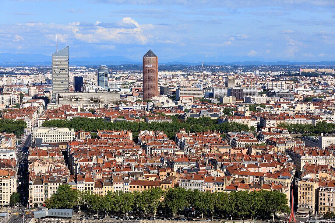 France, Rhône, Lyon, La Saône, from Fourvière square, Incity tower and LCL La Part Dieu tower in the background