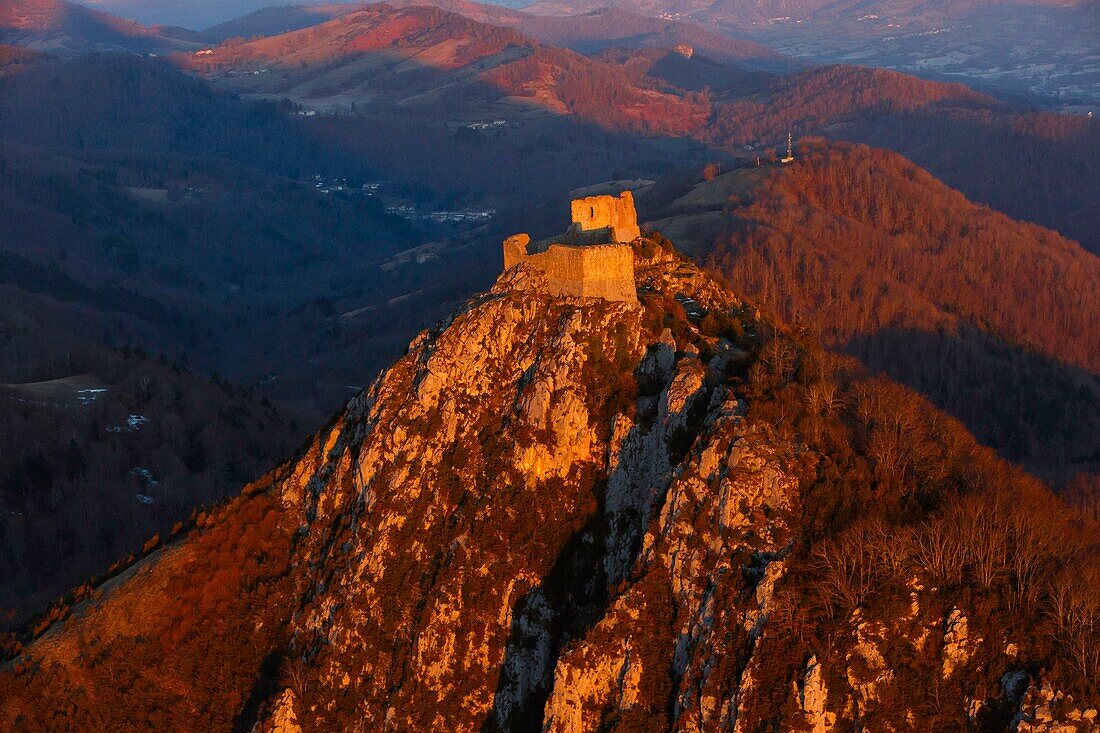 France, Pyrenees, Ariege, Lavelanet, Montsegur, aerial view of the castle of Montsegur at sunrise