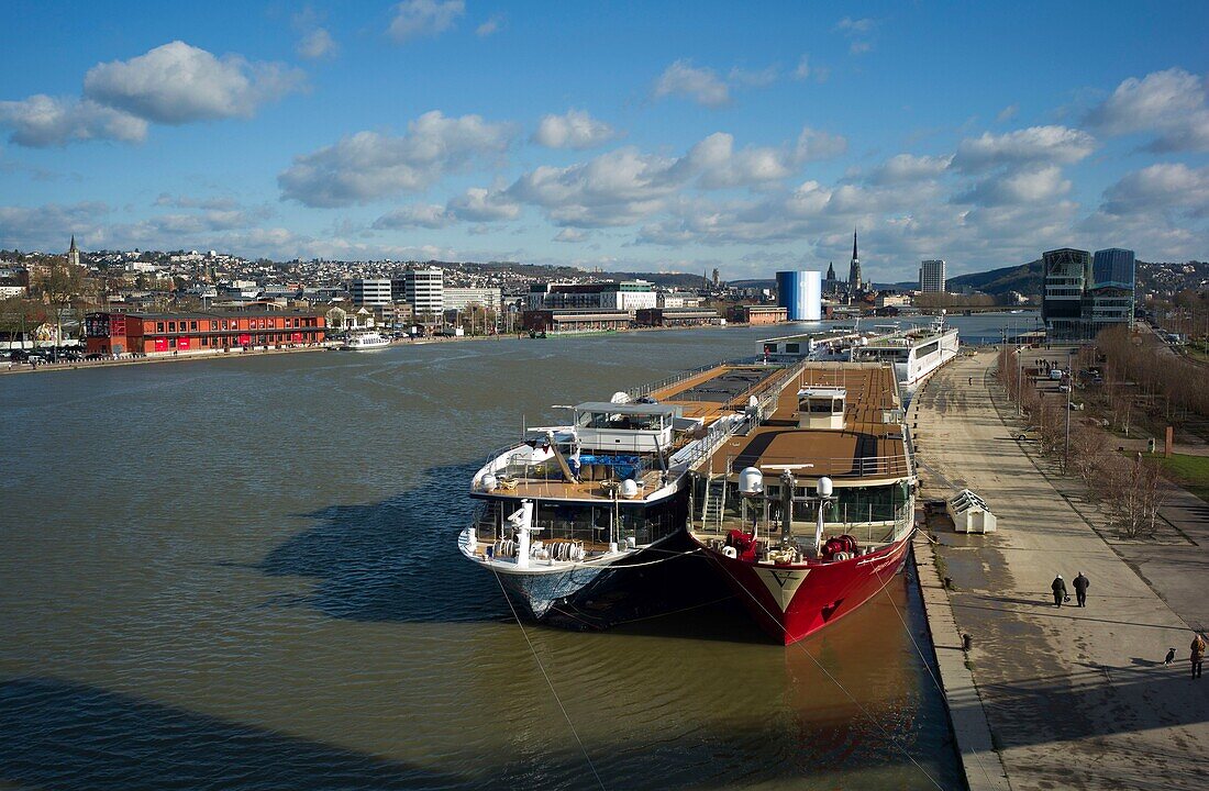 France, Seine Maritime, Rouen, view of the docks and the catherale from the left bank, leisure boats on the Seine