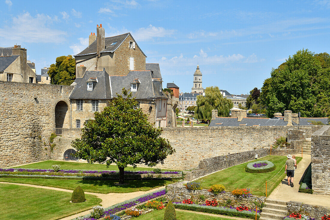 France, Morbihan, Gulf of Morbihan, Vannes, general view of the ramparts, the garden, Poterne gate and Saint-Patern church int the background