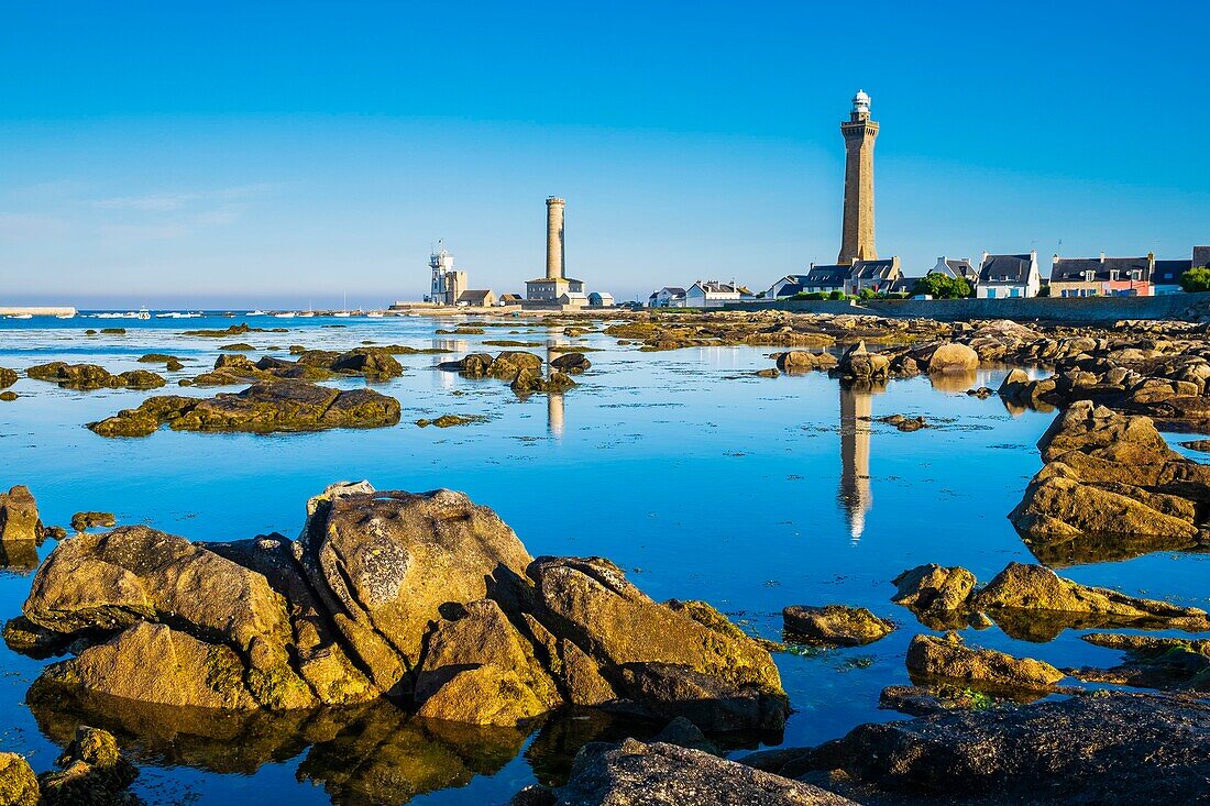 France, Finistere, Penmarc'h, Pointe de Penmarc'h, Penmarc'h and Eckmuhl lighthouses and the semaphore