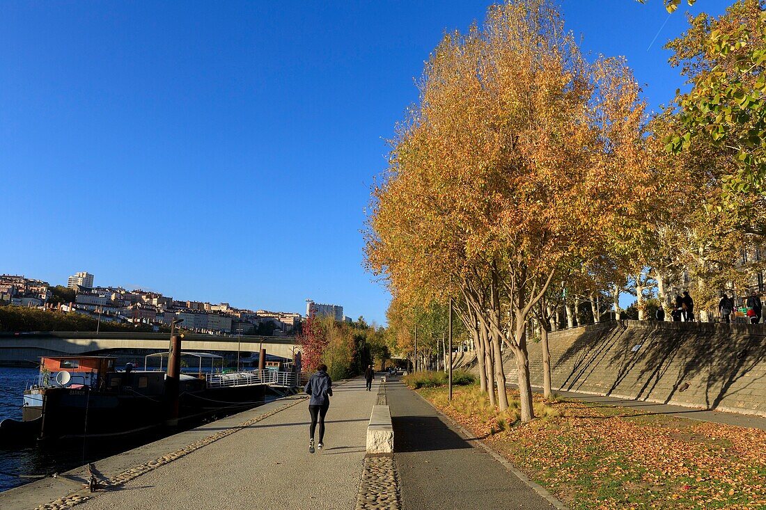 France, Rhone, Lyon, 6th district, Les Brotteaux district, Quai Général Sarrail on the Rhone, historical site listed as World Heritage by UNESCO, Morand bridge in the background