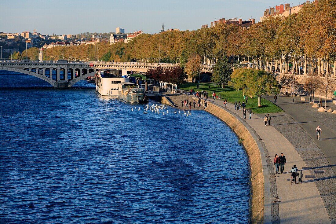 France, Rhône, Lyon, 3rd district, La Guillotière area, Victor Augagneur quay, UNESCO World Heritage Site, Wilson Bridge in the background