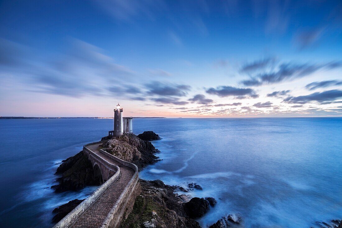 France, Finistere, Plouzane, Iroise Marine National Park, Blue hour on the Petit Minou lighthouse
