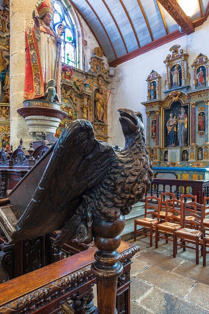 France, Finistere, Lampaul Guimiliau Parish close, Notre Dame church, lectern with eagle head