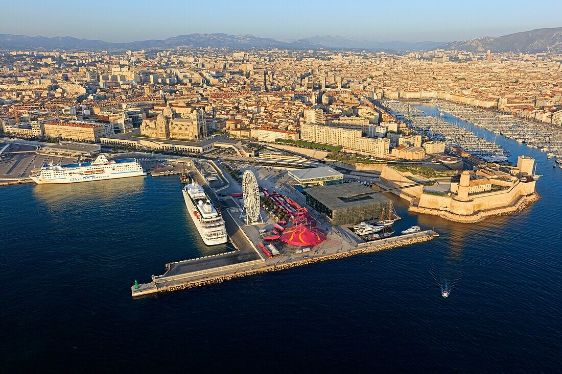 France, Bouches du Rhone, Marseille, 2nd district, Euroméditerranée area, La Joliette district, Esplanade J4, the Vieux Port in the background (aerial view)