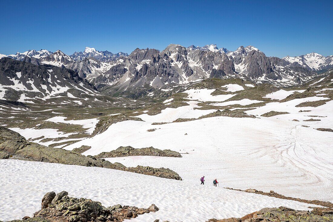 Frankreich, Hautes Alpes, Nevache, La Clarée Tal, das Massiv des Cerces (3093m) mit im Hintergrund die Schneekuppel des Bar des Ecrins (4101m)