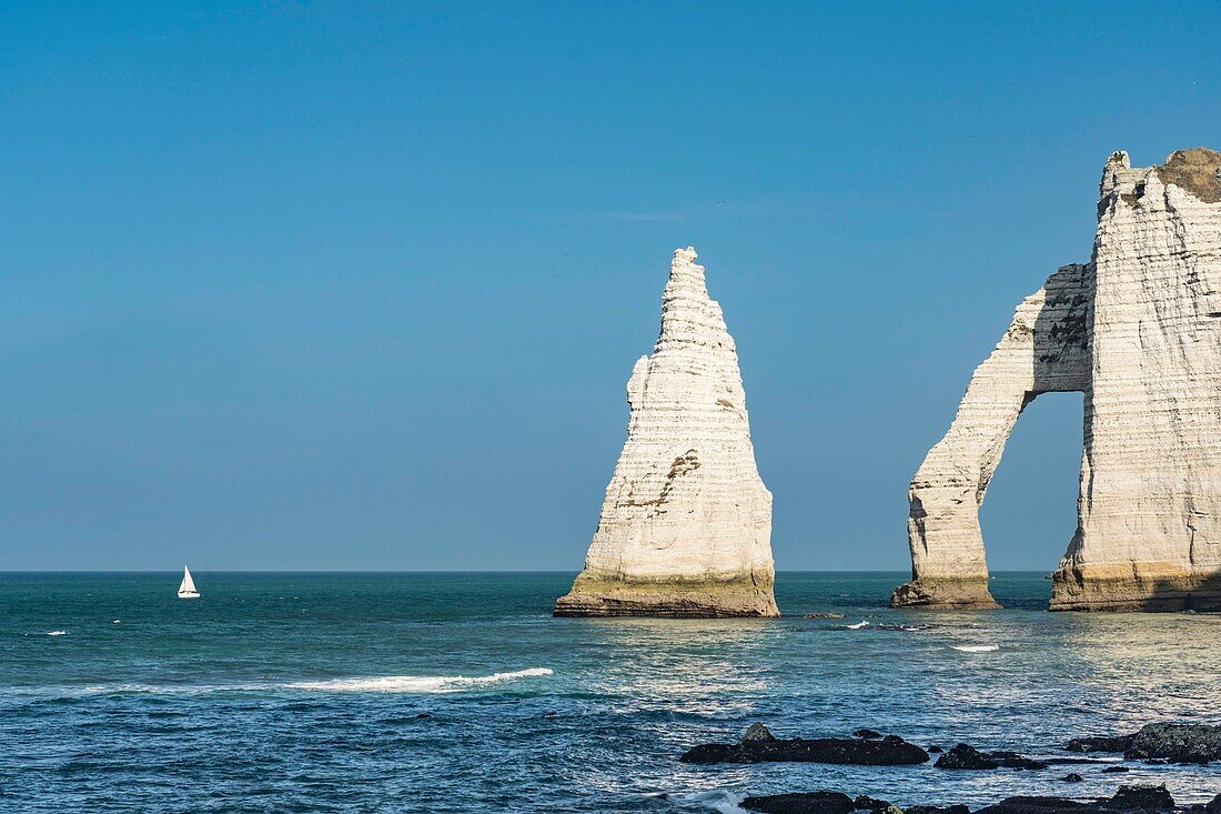 France, Seine Maritime, Cote d'albatre, Etretat, the cliff, arch and needle