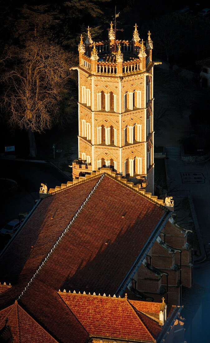 France, Pyrenees, Ariege, Pamiers, St-Volusien abbey church, aerial view of the abbey church