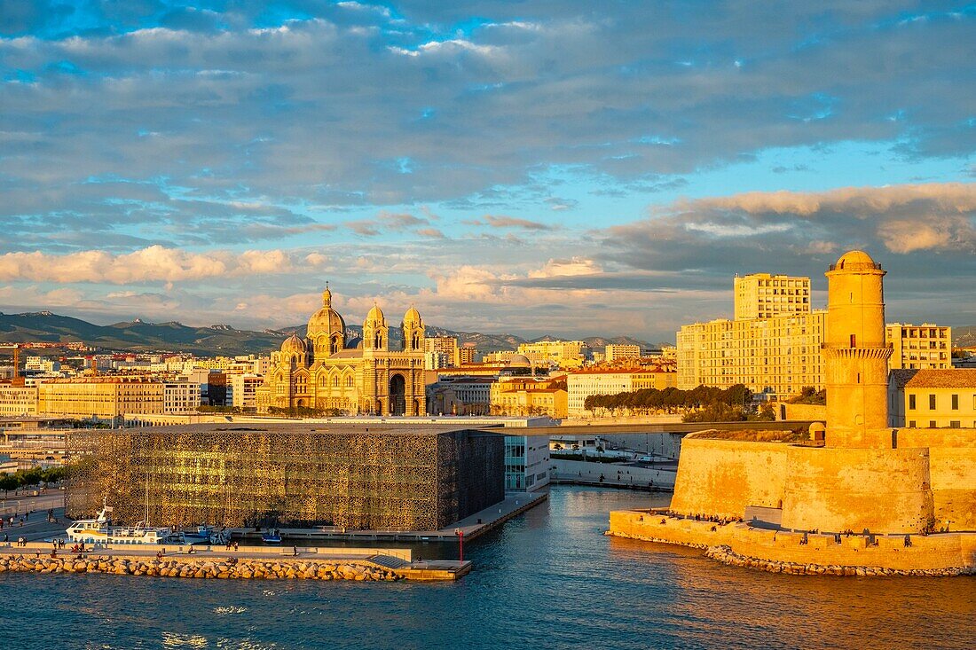 France, Bouches du Rhone, Marseille, the Mucem, Fort Saint Jean, and the basilica de la Major