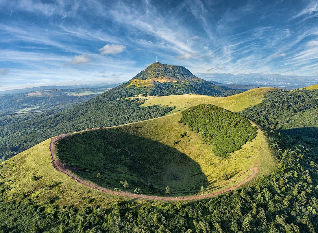 France, Puy de Dome, Orcines, Regional Natural Park of the Auvergne Volcanoes, the Chaîne des Puys, listed as World Heritage by UNESCO, Puy Pariou volcano in the foreground (aerial view)