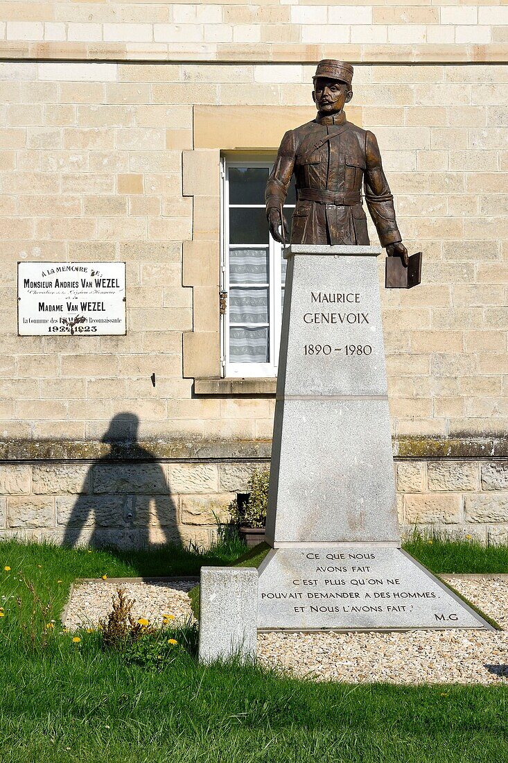France, Meuse, Lorraine Regional Park, Cotes de Meuse, Les Eparges, the statue bust of Maurice Genevoix, veteran of the First World War, French writer and poet who will enter the Pantheon in 2019