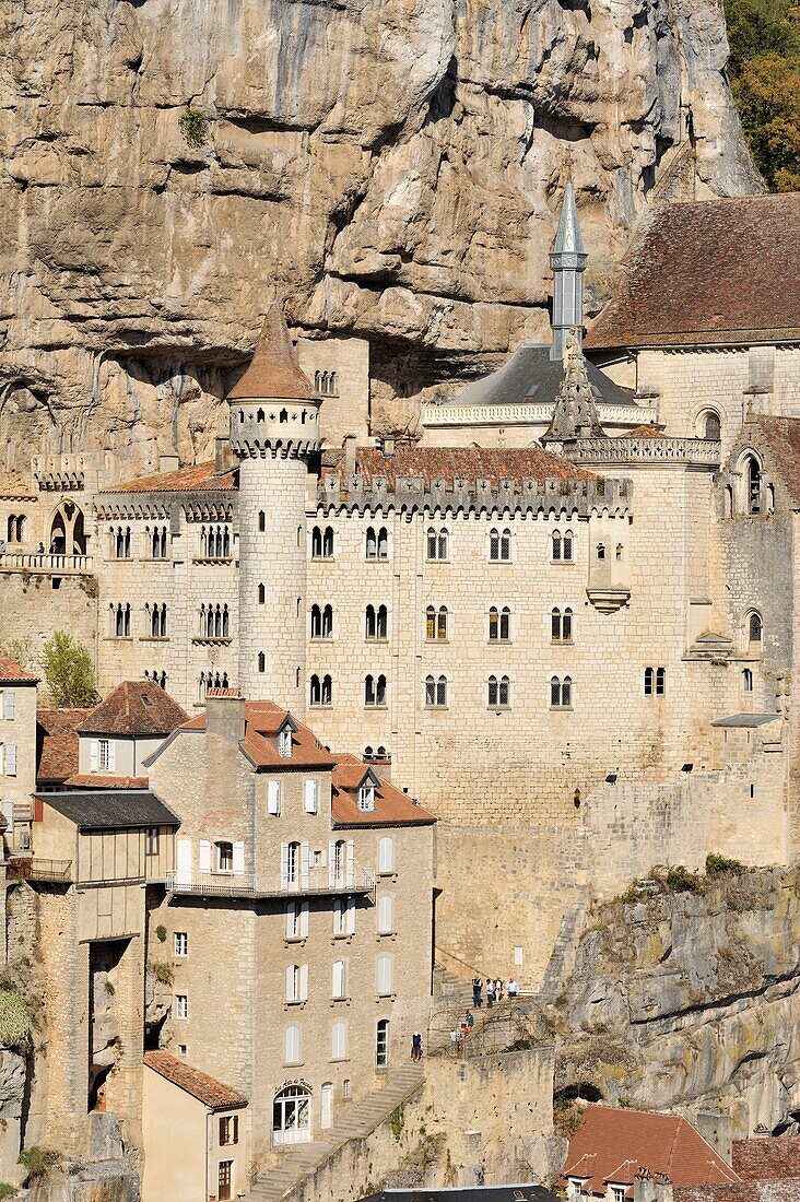 France, Lot, Haut Quercy, Rocamadour, medieval religious city with its sanctuaries and step of the road to Santiago de Compostela, he Grand Stairs of pilgrims below